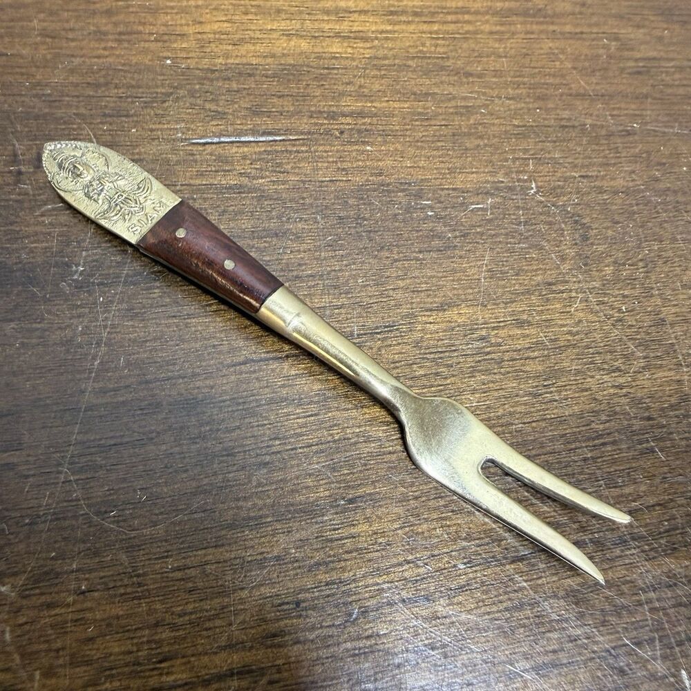 Vintage Siam Flatware Asian Thai Brass And Teakwood Handle Small Fork Horderve